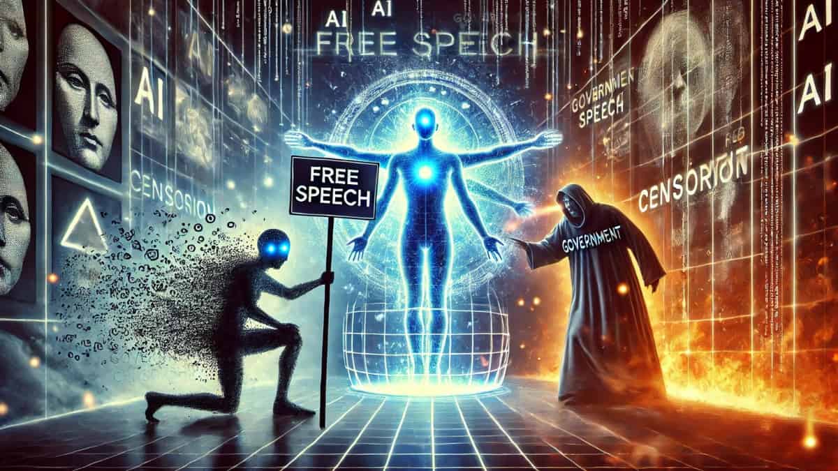 A symbolic digital illustration of AI vs Government censorship, featuring a glowing AI figure representing free speech, while shadowy government figures attempt to impose censorship. The background showcases futuristic technology and digital data streams.