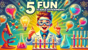 Cover image for an article on 5 fun science experiments for kids, featuring a young scientist with test tubes and lab equipment.