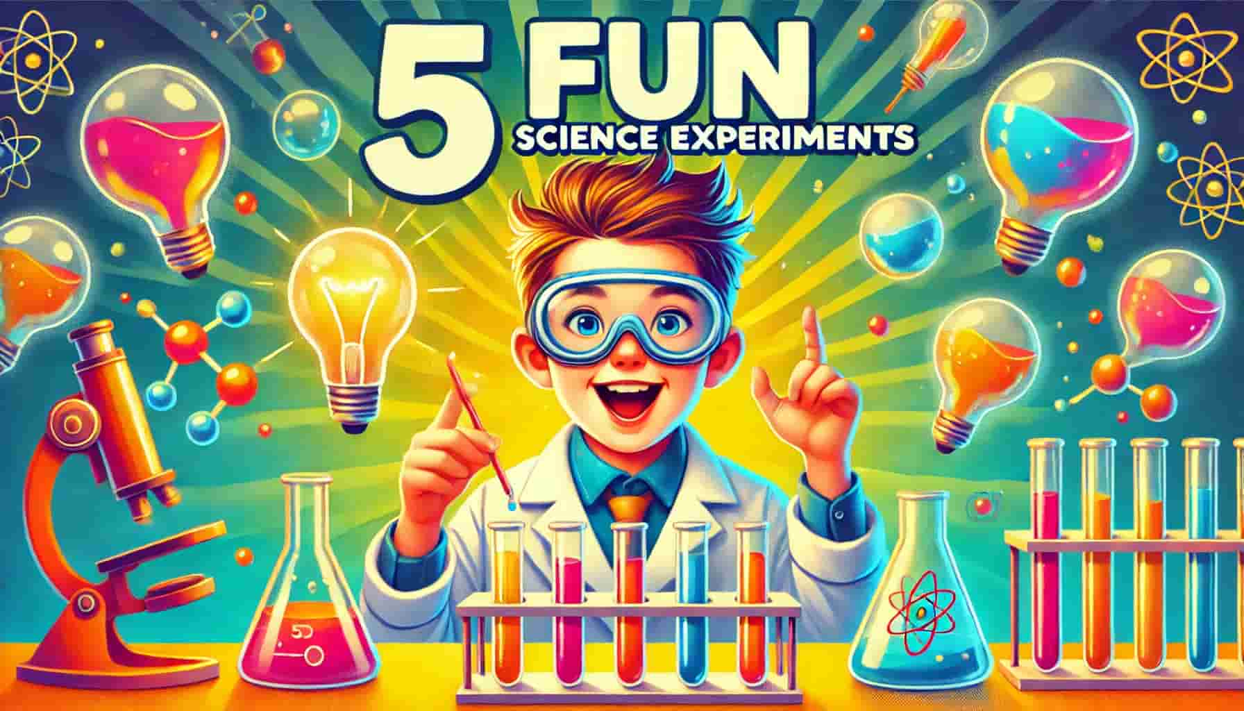 Cover image for an article on 5 fun science experiments for kids, featuring a young scientist with test tubes and lab equipment.