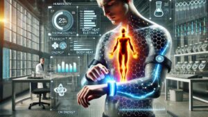 A futuristic concept image showing a human body generating electricity through thermoelectric technology, powering wearable devices using body heat in a high-tech laboratory setting.
