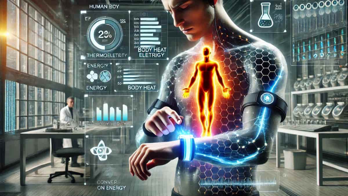 A futuristic concept image showing a human body generating electricity through thermoelectric technology, powering wearable devices using body heat in a high-tech laboratory setting.
