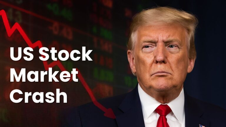 US stock market crash illustration showing falling charts and Donald Trump